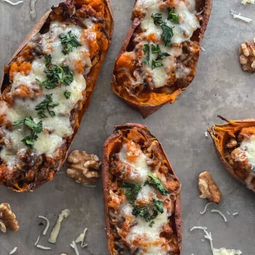 brown butter baked sweet potatoes on a pan