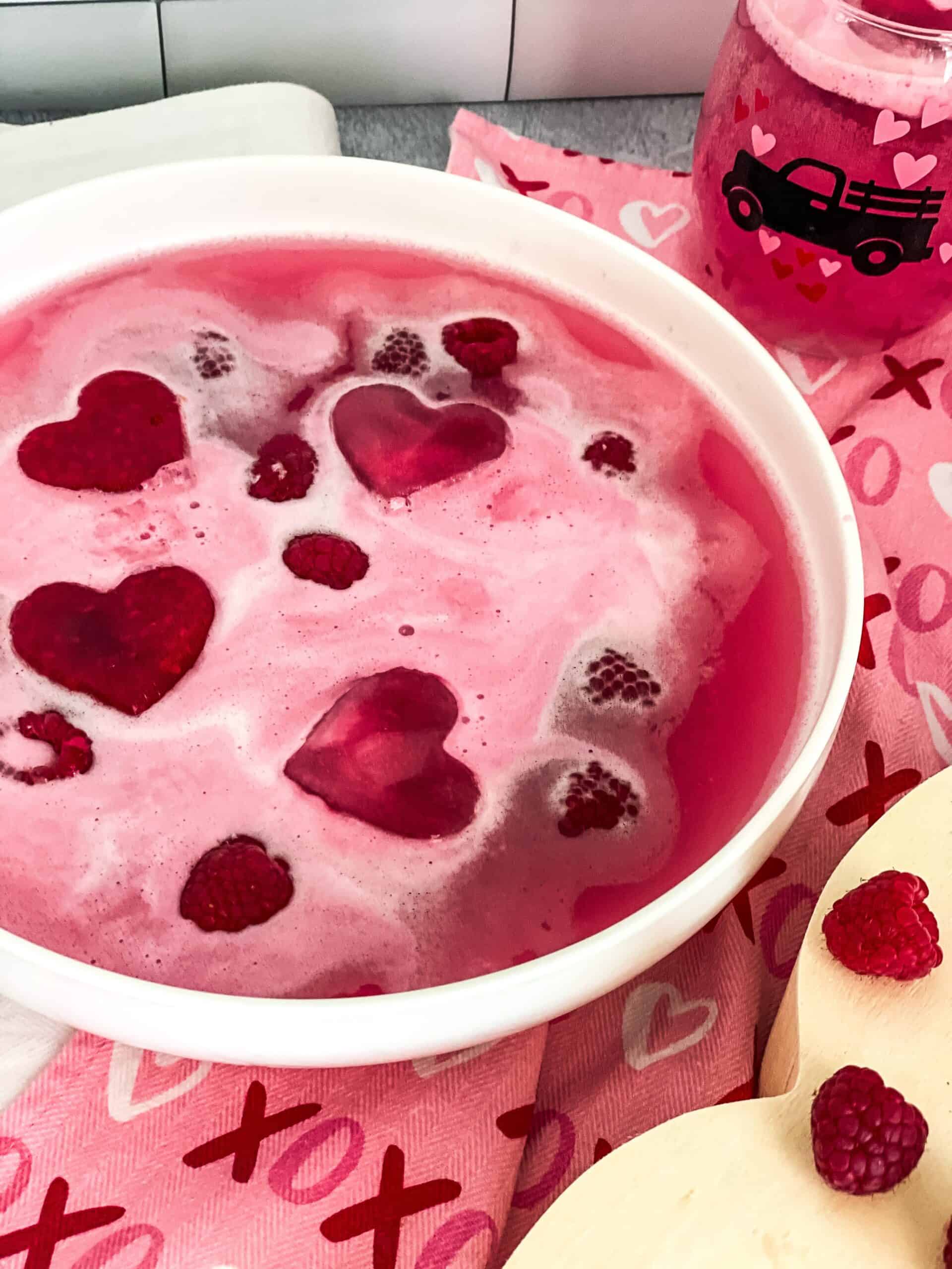 Sparkling Pink Raspberry Punch - with frozen hearts - Abundance of Flavor